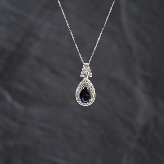 Second Hand 9ct White Gold Sapphire Pear Shaped Dropper Pendant & 18 Inch Prince Of Wales Chain 41143409