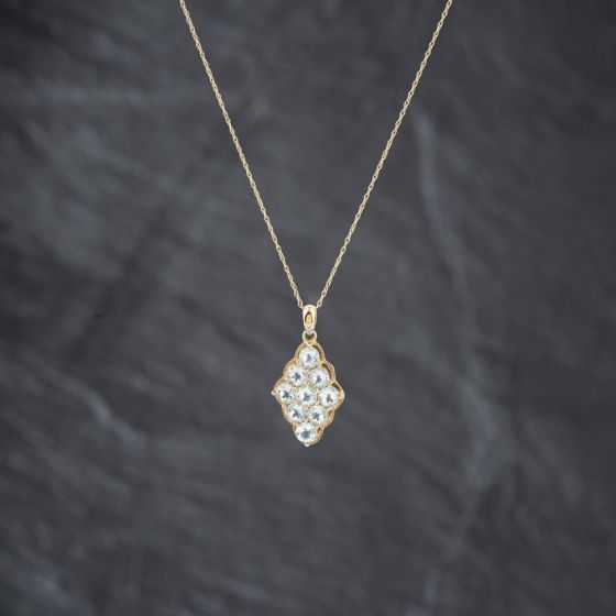 Second Hand 9ct Yellow Gold Blue Topaz & Diamond Marquise Shaped Cluster Pendant & 18 Inch Prince Of Wales Chain 41143414
