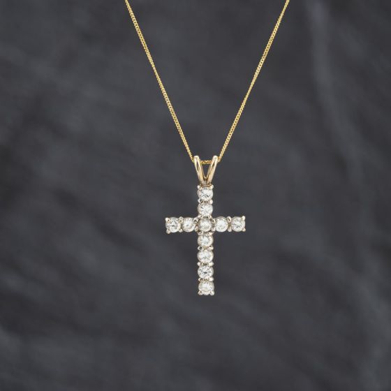 Second Hand 9ct Yellow Gold Cubic Zirconia Claw Set Cross Pendant & 18 Inch Curb Chain 41143429