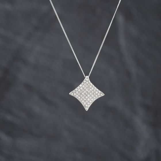 Second Hand 9ct White Gold Diamond Pave Concave Cushion Shaped Pendant & 18 Inch Curb Chain 41143432
