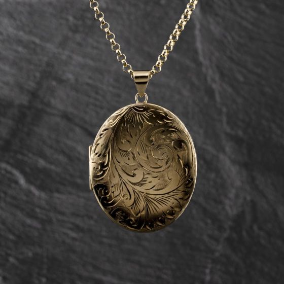 Second Hand Vintage 9ct Yellow Gold Very Large Heavy Hand Engraved Locket Pendant & 26 Inch Belcher Chain 41143438