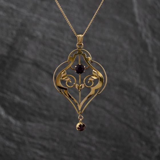 Second Hand 9ct Yellow Gold Amethyst Open Work Gemstone Pendant & 21 Inch Curb Chain 41143439