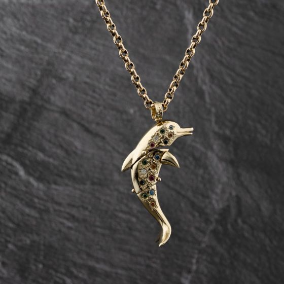 Second Hand 9ct Yellow Gold Cubic Zirconia Dolphin Gemstone Pendant & 19 Inch Belcher Chain 41143440