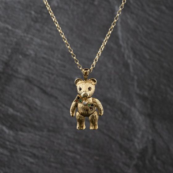 Second Hand 9ct Yellow Gold Cubic Zirconia Teddy Bear Gemstone Pendant & 17 Inch Belcher Chain 41143443