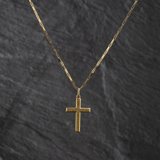 Second Hand 9ct Yellow Gold Engraved Cross Pendant & 16 Inch Paper Link Chain 41143444