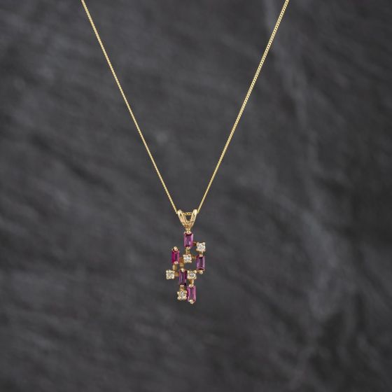 Second Hand Yellow Gold Ruby & 0.05ct Diamond Fancy Pendant & 18 Inch Curb Chain 41143459