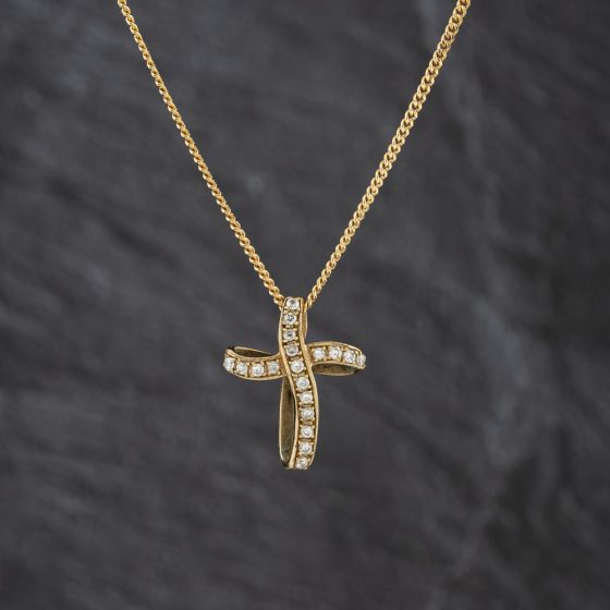 Second Hand 9ct Yellow Gold Cubic Zirconia Set Cross Pendant & 16 Inch Curb Chain 41143464