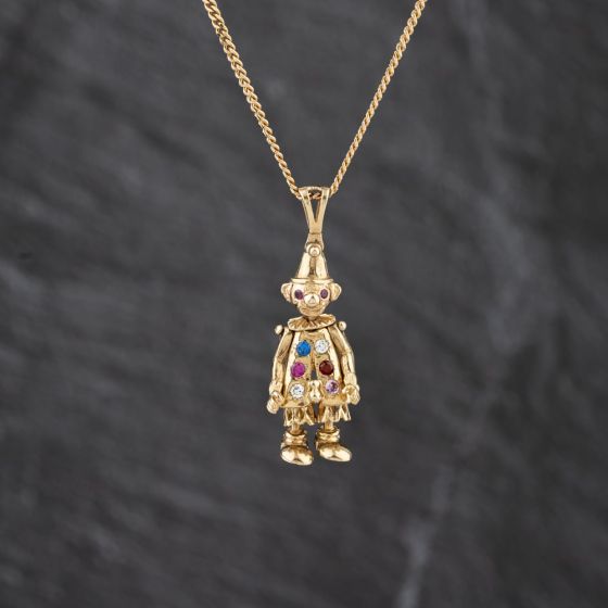 Second Hand 9ct Yellow Gold Cubic Zirconia Set Clown Pendant & 18 Inch Curb Chain 41143471