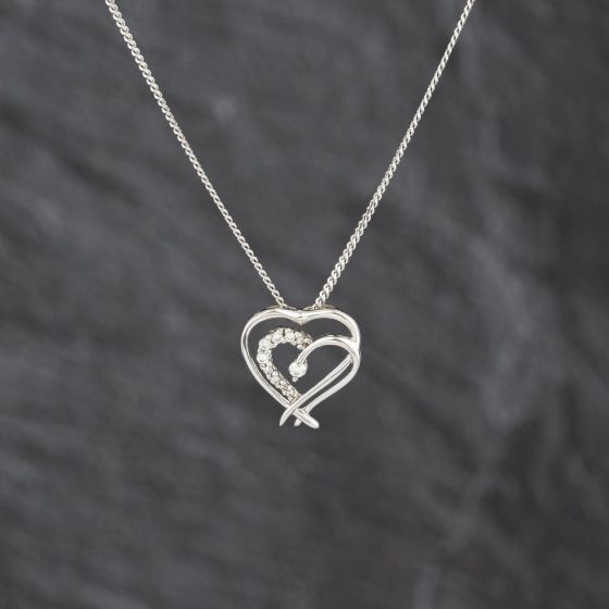 Second Hand 9ct White Gold Cubic Zirconia Set Double Heart Pendant & 18 Inch Curb Chain 41143475