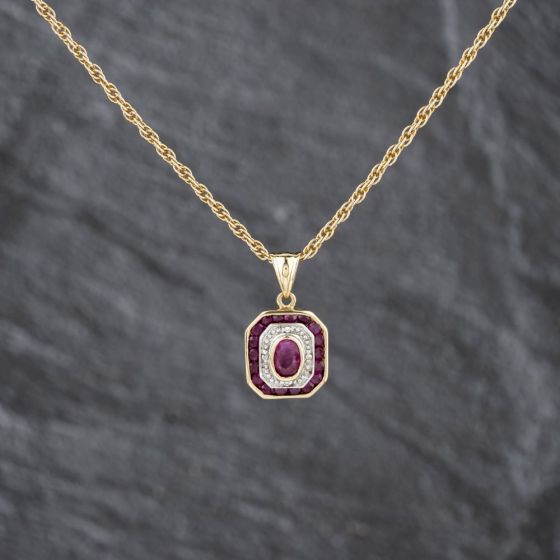 Second Hand 9ct Yellow Gold Ruby & Diamond Octagonal Shaped Gemstone Pendant & 20 Inch Prince Of Wales Chain 41143492