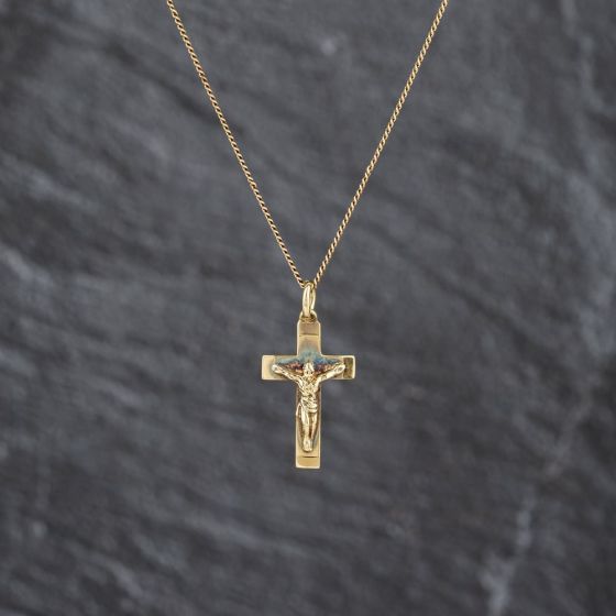 Second Hand 9ct Yellow Gold Crucifix Cross Pendant & 18 Inch Curb Chain 41143495