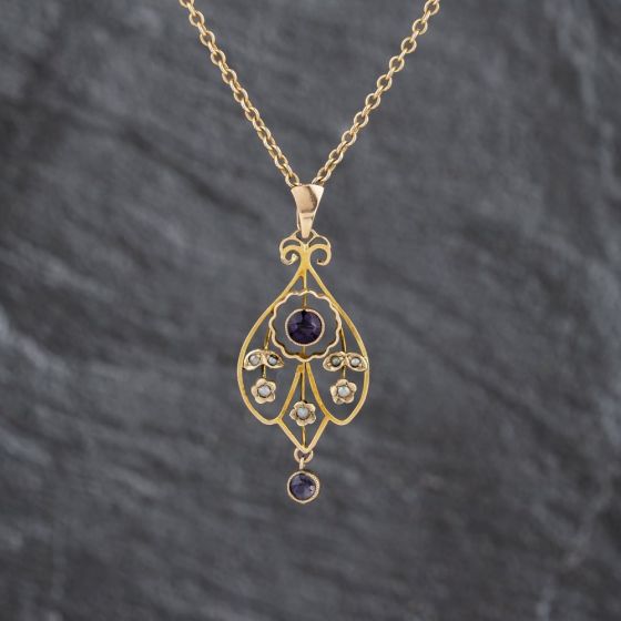 Second Hand Vintage Yellow Gold Amethyst & Seed Pearl Ornate Pendant & 17 Inch Trace Chain 41143496