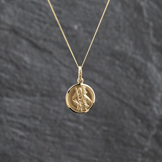 Second Hand 9ct Yellow Gold Round St Christopher Pendant & 18 Inch Curb Chain 41143506