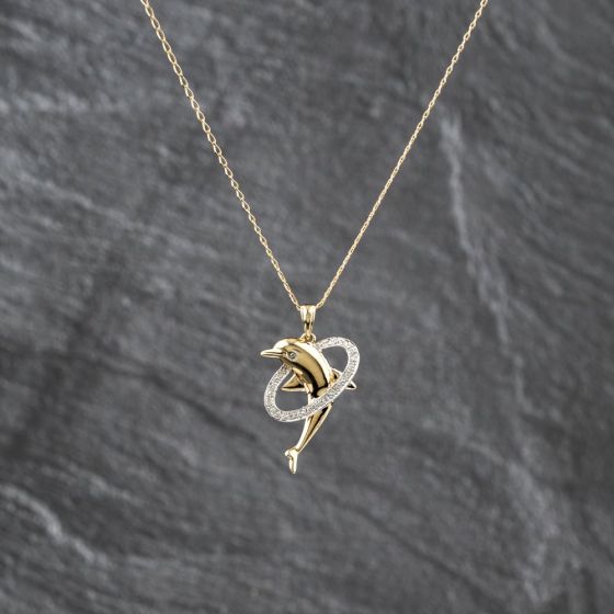 Second Hand 9ct Yellow Gold Cubic Zirconia Dolphin Pendant & 16 Inch Curb Chain 41143514