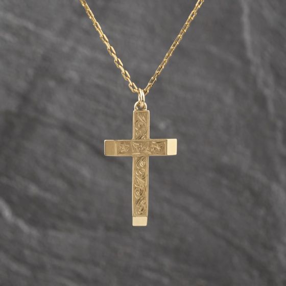 Second Hand 9ct Yellow Gold Hand Engraved Cross Pendant & 19 Inch Trace Chain 41143522