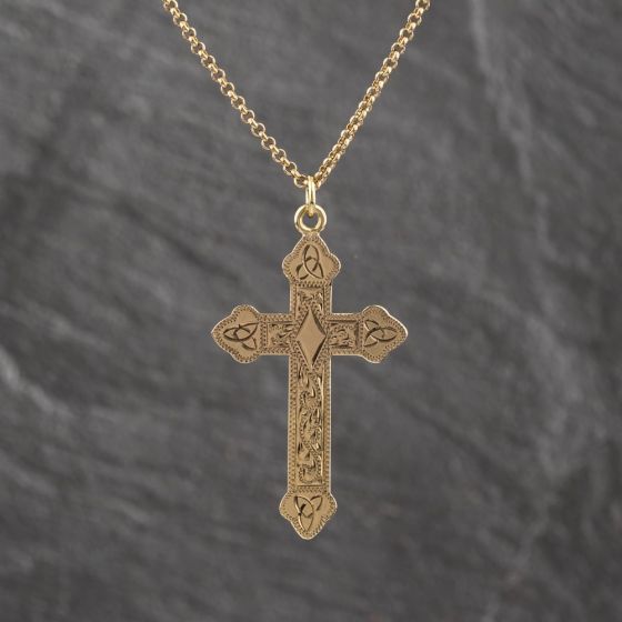 Second Hand 9ct Yellow Gold Hand Engraved Cross Pendant & 20 Inch Belcher Chain 41143526
