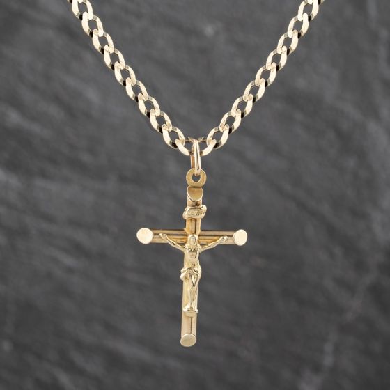Second Hand 9ct Yellow Gold Cruxifix Cross Pendant & 19 Inch Curb Chain 41143560