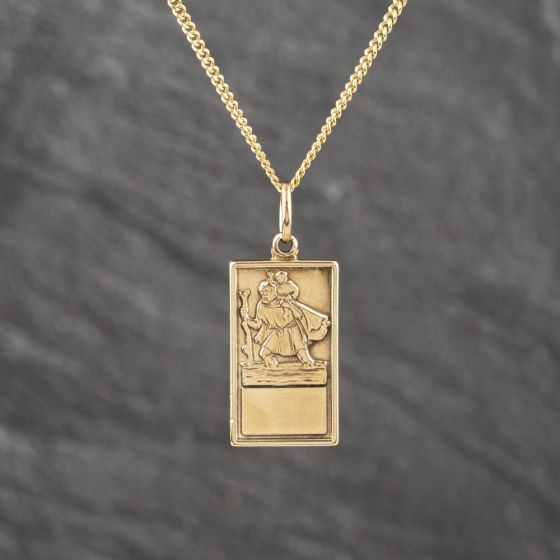 Second Hand 9ct Yellow Gold Oblong St Christopher Pendant & 16 Inch Curb Chain 41143564