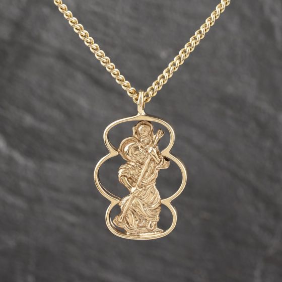 Second Hand Vintage 9ct Yellow Gold St Christopher Pendant & 20 Inch Curb Chain 41143565
