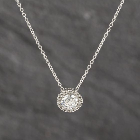 Second Hand 9ct White Gold Cubic Zirconia Halo Round Cluster Pendant & 18 Inch Trace Chain 41143566
