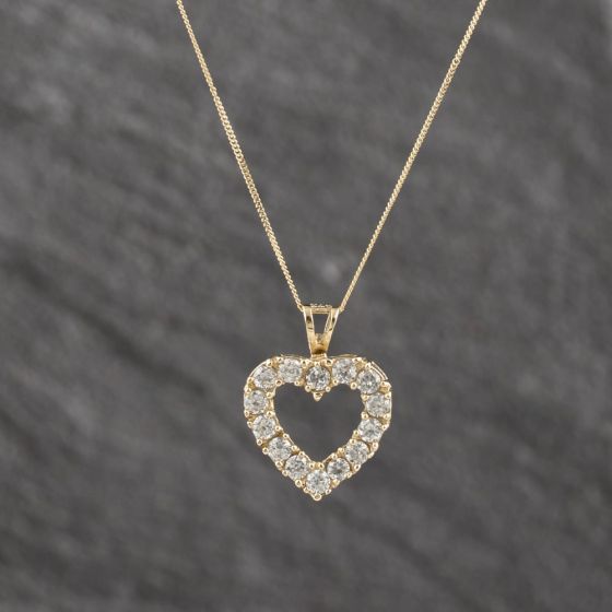 Second Hand 9ct Yellow Gold Cubic Zirconia Set Open Heart Pendant & 18 Inch Curb Chain 41143570