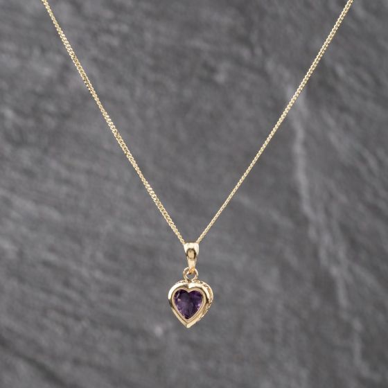 Second Hand Yellow Gold Amethyst Heart Gemstone Pendant & 18 Inch Curb Chain 41143588