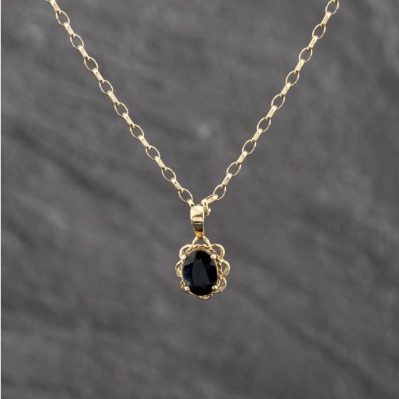 Second Hand 9ct Yellow Gold Sapphire Oval Pendant & 18 Inch Belcher Chain 41143626