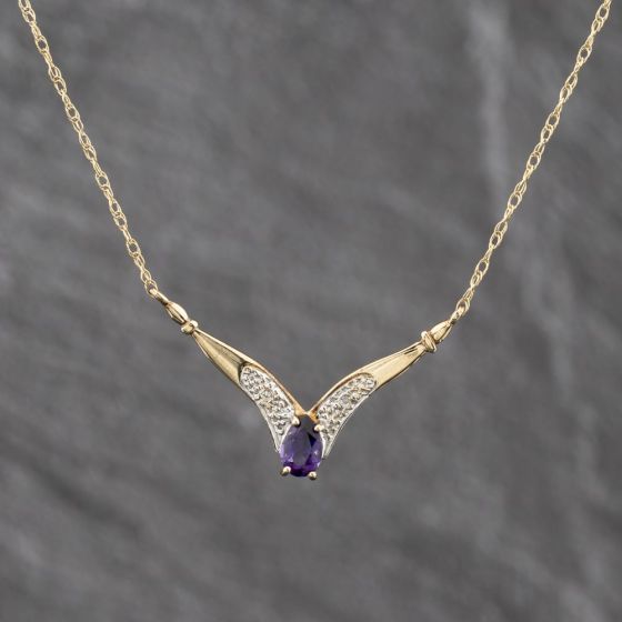 Second Hand 9ct Two Colour Gold Amethyst & Diamond Pendant & 15 Inch Prince Of Wales Chain 41143633