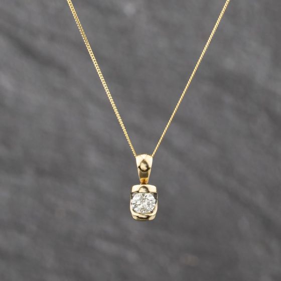 Second Hand 9ct Yellow Gold Diamond Single Stone Pendant & 18 Inch Curb Chain 41143636
