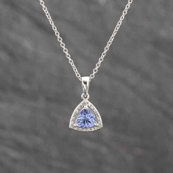 Second Hand White Gold Tanzanite & 0.08ct Diamond Halo Cluster Pendant & 18 Inch Trace Chain 41143642