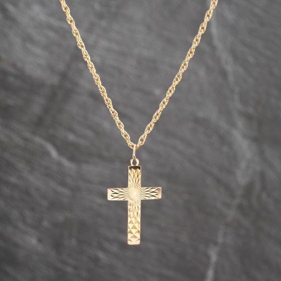 Second Hand 9ct Yellow Gold Patterned Cross Pendant & 18 Inch Prince Of Wales Chain 41143657