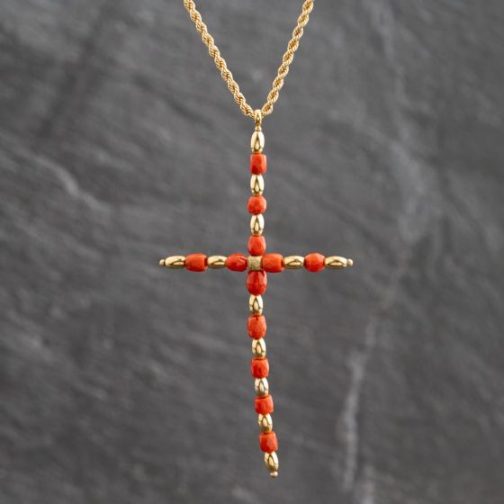Second Hand Vintage 9ct Yellow Gold Coral Bead Set Cross Pendant & 18 Inch Rope Chain 41143659
