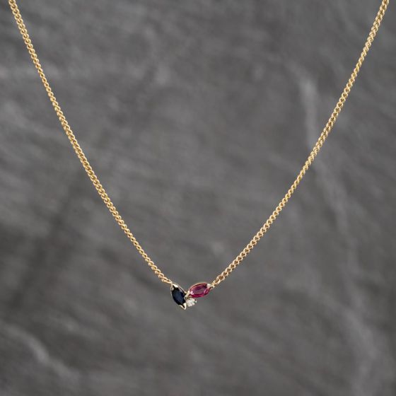 Second Hand 9ct Two Colour Gold Ruby, Sapphire & Cubic Zirconia Three Stone Pendant & 17 Inch Curb Chain 41143709