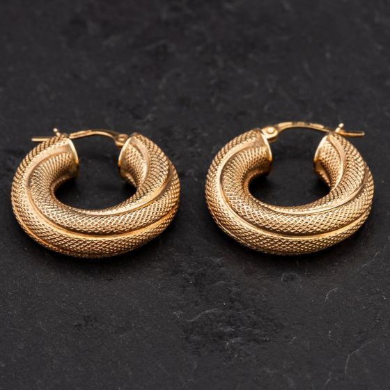 Second Hand 9ct Yellow Gold Textured Frosted Patterned Hoop Earrings 4117005