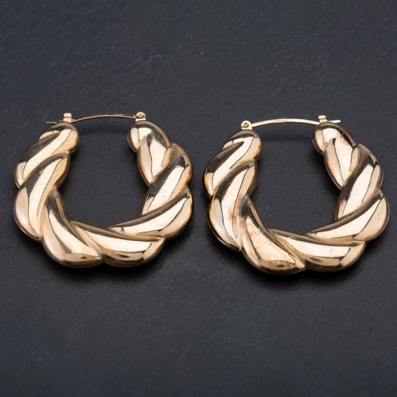 Second Hand 9ct Yellow Gold Large Hollow Twist Design Creole Hoop Earrings 4117055