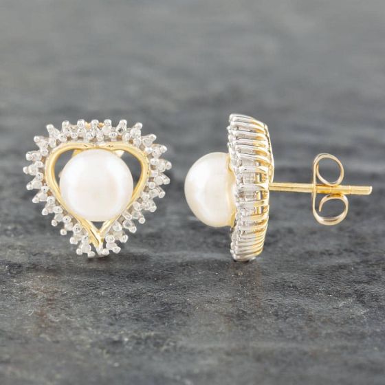Second Hand 14ct Yellow Gold Heart Shape Freshwater Pearl & Diamond Stud Earrings 41171023