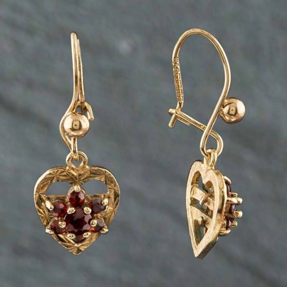 Second Hand 9ct Yellow Gold Garnet Heart Shape Cluster Dropper Earrings 41171047