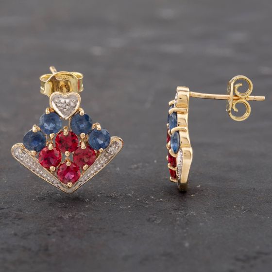 Second Hand 9ct Yellow Gold Ruby, Sapphire & Diamond Dropper Earrings 41171071