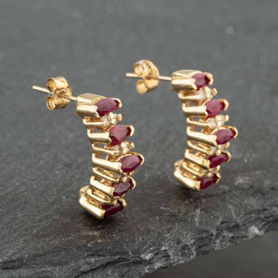 Second Hand 14ct Yellow Gold Marquise Cut Ruby & Brilliant Cut Diamond Dropper Earrings 41171075