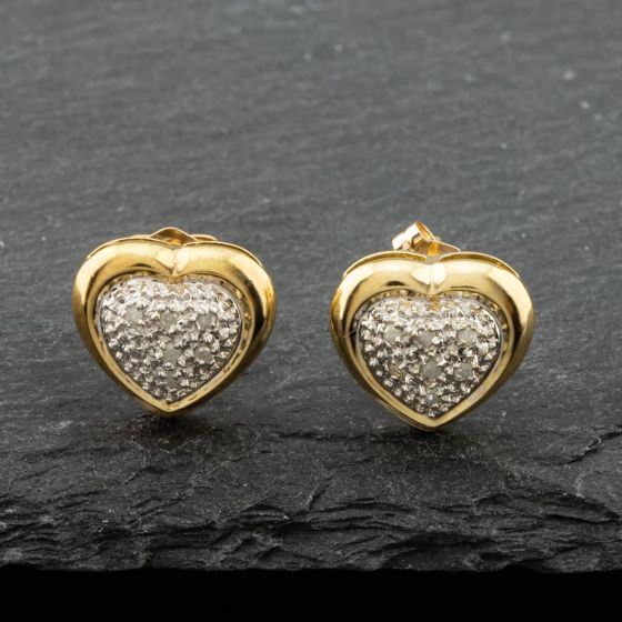 Second Hand 9ct Yellow Gold Brilliant Cut Diamond Pave Heart Stud Earrings 41171162