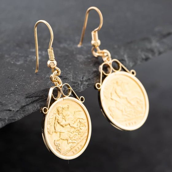 Second Hand Yellow Gold 1913 Half Sovereign Dropper Earrings 41171182