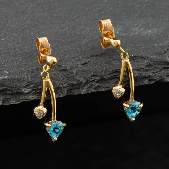 Second Hand 9ct Yellow Gold Blue Topaz & Diamond Heart Dropper Earrings 41171185