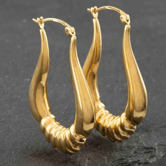 Second Hand 9ct Yellow Gold Chunky Patterned Oval Creole Earrings 41171243