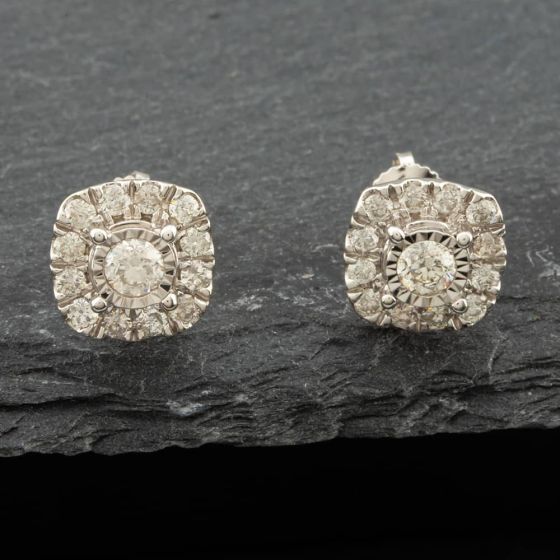 Second Hand 9ct White Gold Diamond Cluster Stud Earrings 41171278