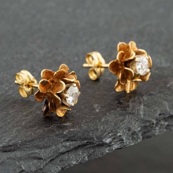 Second Hand 9ct Yellow Gold Brilliant Cut Diamond Single Stone Flower Stud Earrings 41171285
