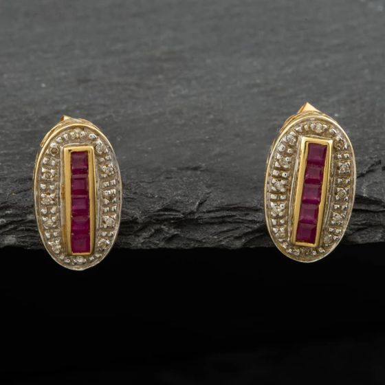 Second Hand 9ct Yellow Gold Ruby & Diamond Elongated Oval Stud Earrings 41171309