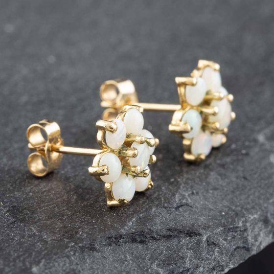 Second Hand Yellow Gold Round Opal Flower Shaped Cluster Stud Earrings 41171384