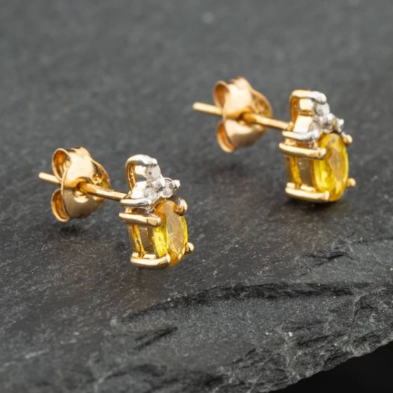 Second Hand Yellow Gold Oval Cut Yellow Topaz & Brilliant Cut Diamond Stud Earrings 41171418
