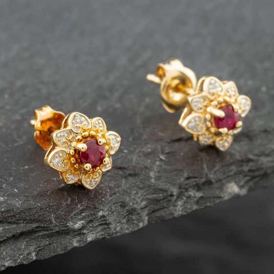 Second Hand Yellow Gold Brilliant Cut Ruby & Diamond Stud Earrings 41171436