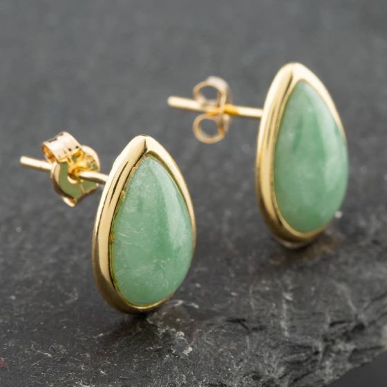 Second Hand 9ct Yellow Gold Pear Shaped Jade Stud Earrings 41171437